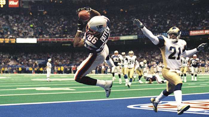 Former New England receiver David Patten catches a touchdown in Super Bowl XXXVI. Credit: CBS Boston
